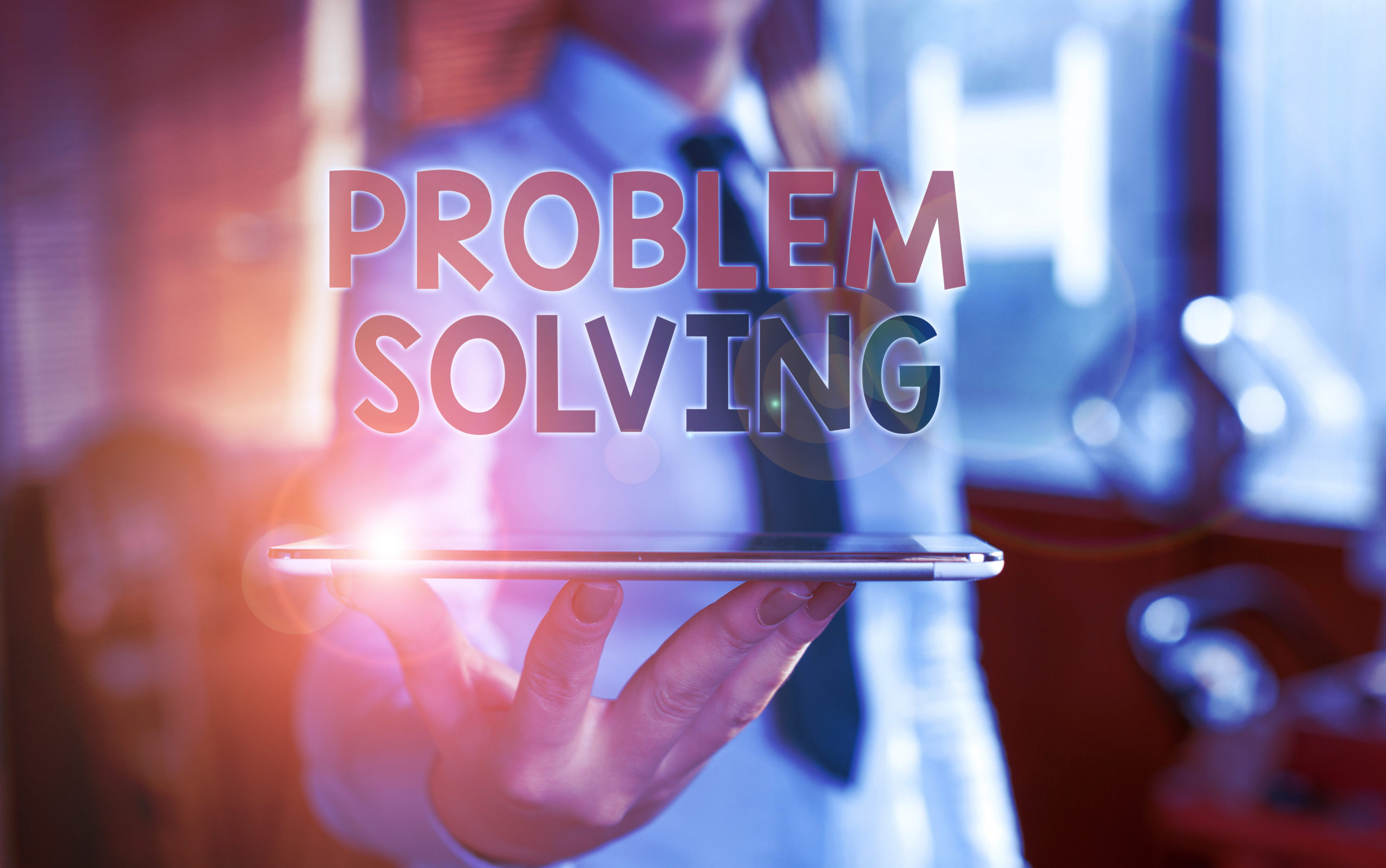 Writing note showing Problem Solving. Business photo showcasing process of finding solutions to difficult or complex issues Blurred woman in the background pointing with finger in empty space.